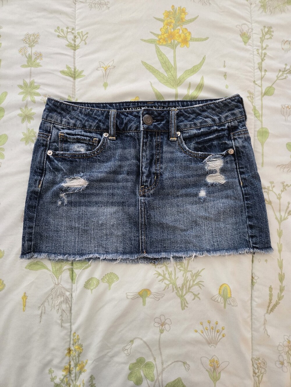 American Eagle Distressed Low Rise Denim Mini Skirt